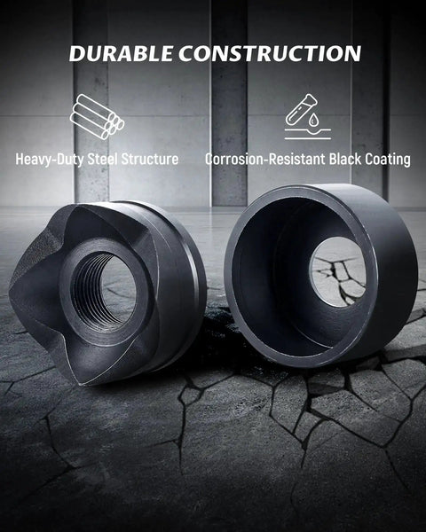 Heavy Duty Metal Knockout Punch Kit components with heavy-duty steel structure and corrosion-resistant black coating.