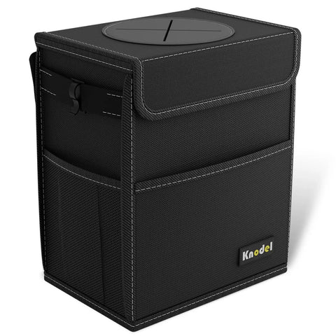 Leakproof 2 Gallon Car Trash Can With Lid Black Waterproof Organizer For Cars With Adjustable Straps That Mount Anywhere For A Clean Ride That Keeps Spills Contained Odors Locked Down, side view.