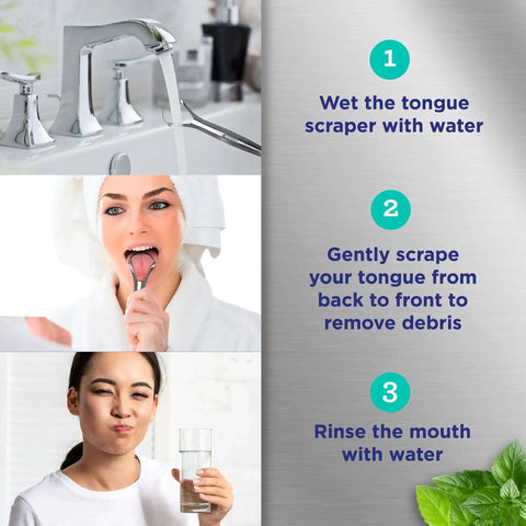 Woman using Two Pack Stainless Steel Tongue Scraper For Adults With Travel Case No Fuss 420 Medical Grade Tongue Cleaner