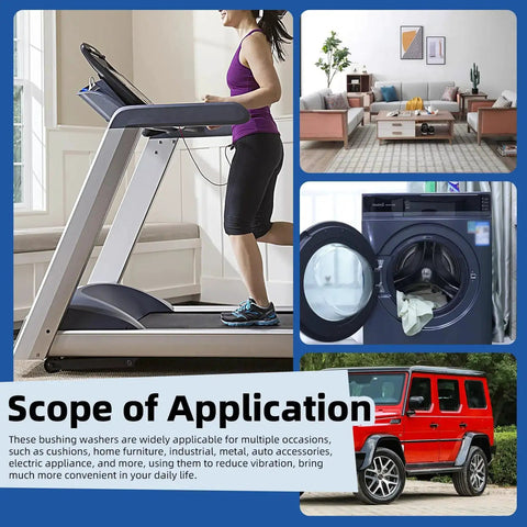 Collage showing applications of 40 Piece Round Rubber Spacer Set in Eight Sizes Dope Anti Vibe Neoprene Washers in home and auto projects