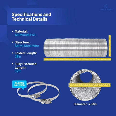 6 Inch By 25 Feet Aluminum Foil Dryer Duct With Built In Steel Wire Reinforcement Flexible Dryer Vent Hose Includes 2 Stainless Steel Clamps UL Listed For Easy Home Laundry Venting shown with measurement details.