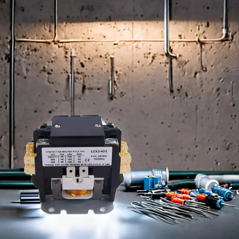 Air Conditioner Contactor 24V Coil 2 Pole 40 Amp Universal Replacement in workshop setting with tools for HVAC service