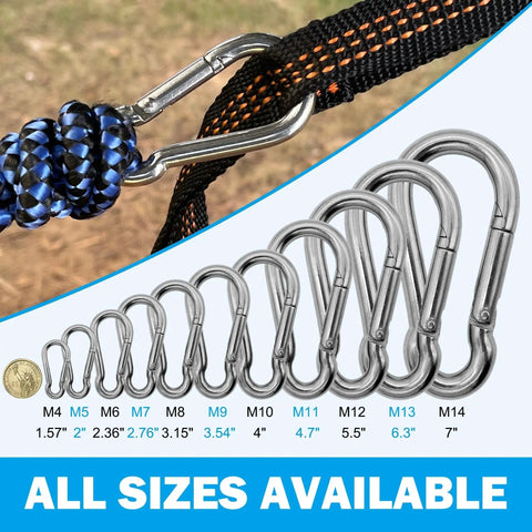 Outmate marine-grade 316 stainless steel carabiners in assorted sizes; 2.76-inch M7, silver metal.