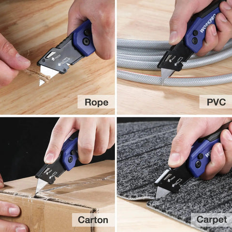 Folding Utility Knife With Quick Change Blades Aluminum Handle Box Cutter cutting rope, PVC, carton, and carpet in use