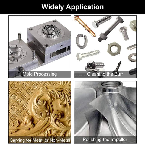 Five Piece Premium Pro Grade Tungsten Carbide Rotary Burr Set application examples: mold processing, burr cleaning, metal and non-metal carving, impeller polishing.