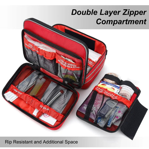 Ultra Comprehensive 500 Piece Emergency First Aid Kit open showing durable red 1680D case with organized medical supplies for emergencies