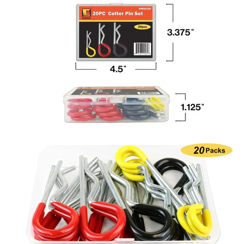 R Clip Assortment For Hitch Pin Locks And Cotter Pins, Twenty Zinc Plated Steel Clips In 7/64, 9/64 And 5/32 Inch Sizes, Color Coded Yellow Red Black For Quick Pick And Secure Fit, Perfect For Trailers, Equipment And Mowers By Wellmax.