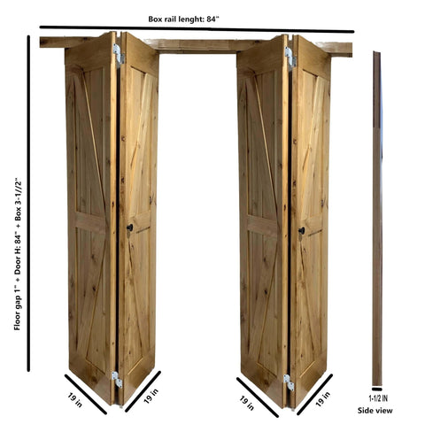 Side view of Double 38 By 84 Inches Unfinished Alder Wood Bifold Barn Doors With Low Clearance Box Rail Sliding Hardware Set