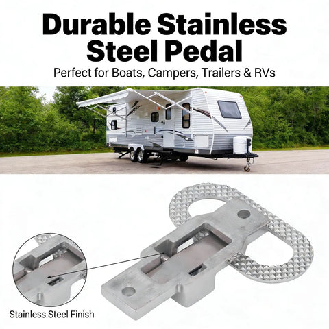 Folding stainless steel foot pedal for boat trailer or RV; 316 stainless finish with textured round foot pad