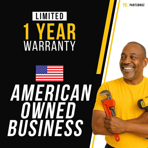 Man holding tools with text 'Limited 1 Year Warranty' and 'American Owned Business' alongside a USA flag.