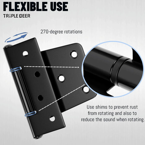 Heavy Duty 3.5 Inch Gate Hinges With Extra Thick Straps for flexible wood gate use, 270-degree rotation feature shown.