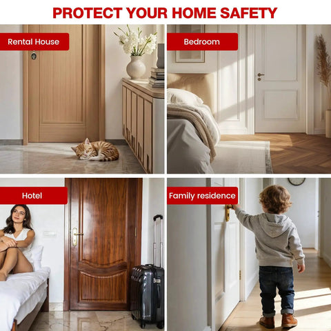 Heavy Duty Adjustable Door Stopper For Home Hotel And Travel Anti Theft Door Blocker For Women Safety Stainless Steel Body With Non Slip Rubber Base Portable Door Guard For Apartment shown in various door settings.
