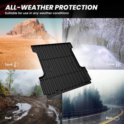 Ford F150 5.5 Foot Bed Mat For 2024 2025 2026 F150 And F150 Lightning All Weather TPE Truck Bed Liner on various terrains.