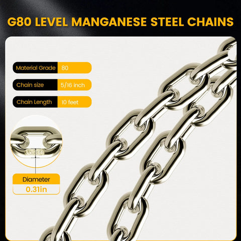 Close-up of Grade 80 steel chain sling with 5/16 in links, 10 ft length, 0.31 in diameter