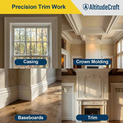 Precision trim work featuring window casing, crown molding, baseboards, and trim installations by AltitudeCraft.