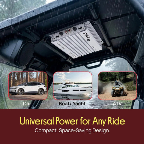Installed Hydra Marine 400W 4 Channel Amplifier Waterproof with Dual MOSFET Power Supply in a vehicle, shown under a roof.