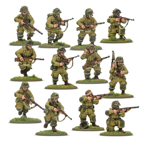 Bolt Action Currahee Us Airborne D Day Starter Army Miniatures Set with painted WWII paratrooper troops in action poses for tabletop wargaming.