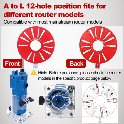 Front and back view of 5 In 1 Router Circle Cutting Jig For Cutting And Routing Circles And Grooves, red aluminum jig with 12-hole pattern.
