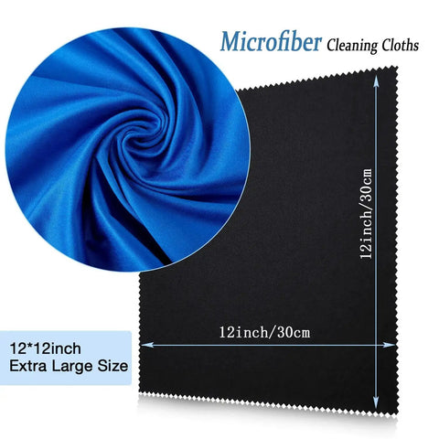 Large Microfiber Cleaning Cloths 12X12 12 Pack For Glasses Screens Electronics, blue and black cloth, dimensions shown
