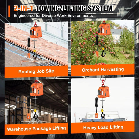 3 In 1 Electric Hoist Winch 2200 Lbs Capacity used for roofing, orchard harvesting, warehouse lifting, and heavy load lifting
