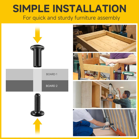 1/4-20 Flat Head Socket Cap Screws Bolts And Barrel Nuts Kit For Furniture Assembly 304 Stainless Steel Black Oxide Fully Threaded 1/4 Inch Hardware Includes Hex Spanner 10 Sets shown in use for furniture installation and assembly.