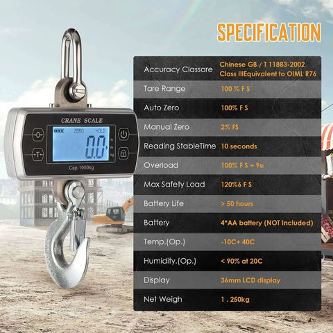 Digital Crane Scale 2200 Pound Capacity Heavy Duty Hanging Scale with display and hook for farms and wild game weighing