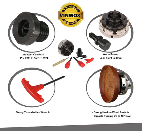 4 Inch 4 Jaw Self Centering Wood Lathe Chuck With 2 Inch Round Jaws, adapter, T Allen Wrench, accessories displayed, nickel body