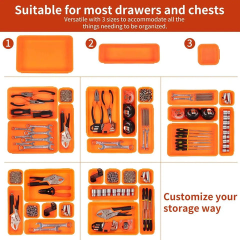Orange Tool Box Organizer Tray Set With Dividers For Drawer Storage And Rolling Chests Includes Trays In Three Sizes