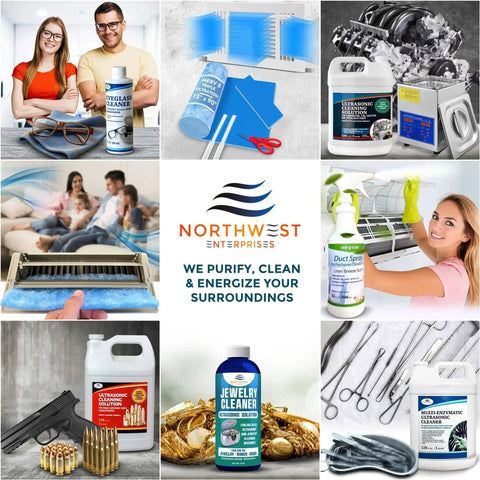 Collage of cleaning supplies including concentrated ultrasonic eyeglasses cleaner solution for sonic machines, duct spray, and jewelry cleaner.