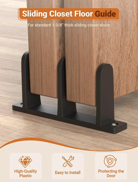 Closet Door Floor Guide Kit 4 Pack For 1-3/8 Inch Doors Universal Fit Keeps Sliding Doors Stable And Quiet On The Track With Durable Plastic Guides Two Mounting Options Includes 8 Screws With Anchors And 4 Adhesive Pads Black, shown installed with wood doors