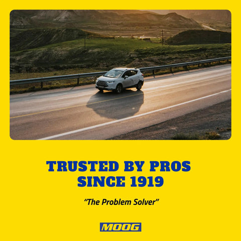 SUV driving on highway with sunset backdrop, text reads 'Trusted by Pros Since 1919' and 'The Problem Solver' with Moog logo
