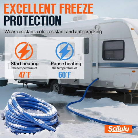 Scilulu 30ft heated RV water hose, blue coil on snowy ground connected to a camper trailer, lead-free & BPA-free