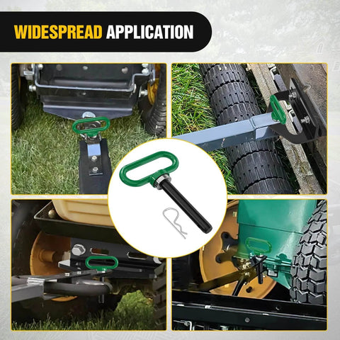 Five Eighths Inch Beefed Up Heavy Duty Neodymium Magnetic Trailer Hitch Pin In Green installed on lawn mower and tractor