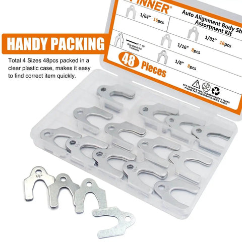 Auto Alignment Body Shim Kit, 48 Pc Universal U Shims Set for camber and body part adjustment, sizes 1/64-1/8 inch, in case