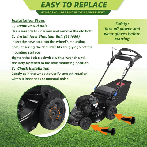 Installation guide for 614650 shoulder bolt on 22 inch personal pace mowers; shows bolt placement to fix wheel shakes.