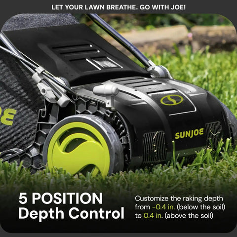 Close-up of the 15 Inch Electric Lawn Dethatcher With Scarifier Blade Reel And Collection Bag For Grass Thatch Removal Powered By A 13 Amp Corded Yard Power Rake Tool Built For No Fuss Cleanups And Greener Lawn Care AJ805E, showing the side view with 5-position depth control.