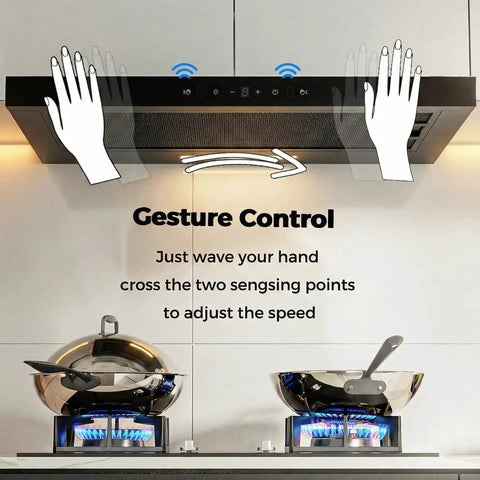 30 Inch Under Cabinet Range Hood With 750 CFM Power, Three Speed Gesture Sensing And Touch Control feature in kitchen setting