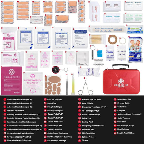410 Piece Waterproof Hard Shell First Aid Kit For Home Car Travel Camping Truck Hiking Sports Office And Outdoor Emergencies With Multi Compartment Organization And Clear Visibility In Red, showing contents laid out.