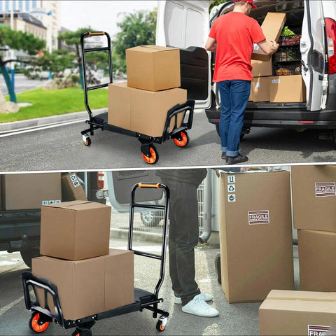Folding Hand Truck For Heavy Lifting And Moving Luggage Shopping Office Travel With Four Wheel Rotation in use with boxes