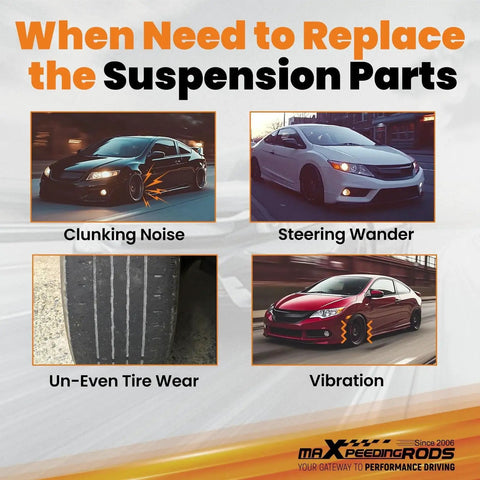 Infographic showing signs of suspension issues: clunking noise, steering wander, uneven tire wear, vibration in vehicles.