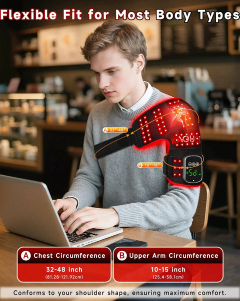 Man using Cordless Red Light Therapy Shoulder Wrap With Vibration Massage And Heated Pad 5000mAh Rechargeable Massager in a cafe
