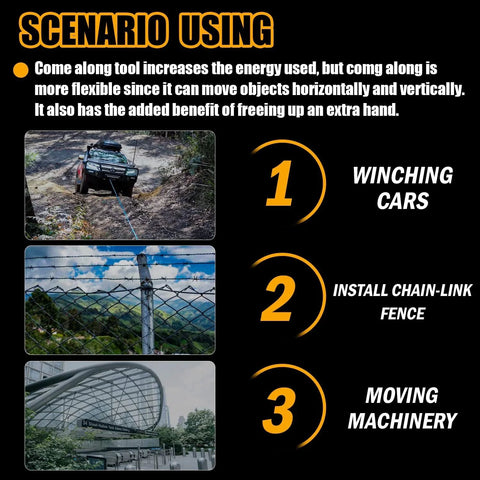 Usage scenarios for 2 Ton Come Along Cable Winch Puller Heavy Duty Hand Puller With 2 Hooks 4400 Lbs Rated Capacity.