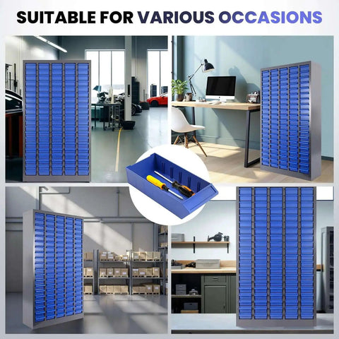 Heavy Duty 100-Drawer Small Parts Storage Cabinet With Removable ABS Drawers, Dividers And Labels, 26 By 9 By 46 Inch Bolt Bin Organizer For Garage And Workshop Use, Laser Welded Galvanized Steel Frame For A True Workhorse Build in various settings.