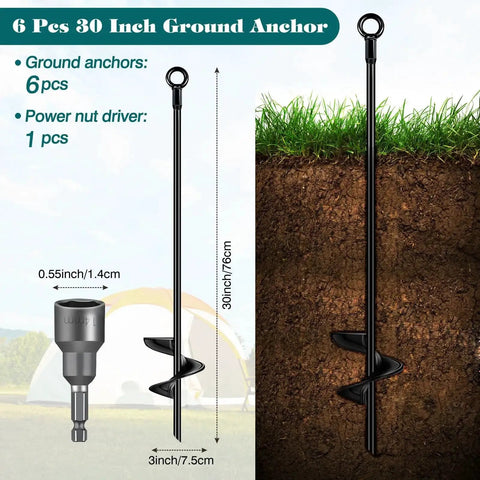 Image of Six Pack 30 Inch Auger Earth Shed Anchor Kit with Spiral Blade, showing a single black auger anchor in landscape
