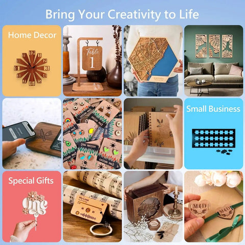 Collage showing laser-engraved home decor, small business products, and special gifts created with a Powerful 10000mW Laser Engraver.
