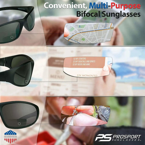 Safety Sunglasses For Men And Women, Work Day Ready Dark Smoke Lenses In Black Frame, UV Protection, shown in use with bifocal lenses.
