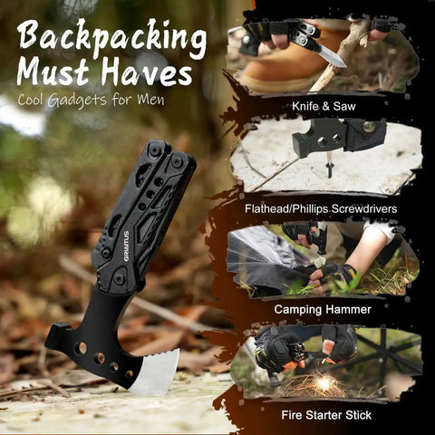16 In 1 Camping Multitool With Axe Hammer Pliers Saw Knife Wire Cutter And Screwdrivers shown with knife, saw, screwdrivers, and fire starter