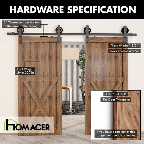 Beefy Black Rustic Sliding Barn Door Hardware Kit For Two Doors, 16 Foot Flat Track With Spoke Wheel Rollers installed view