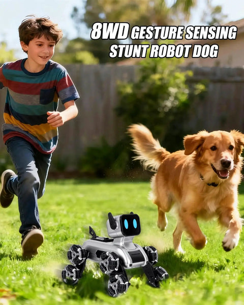 Interactive Robot Dog RC Stunt Car with Gesture Sensing and 2 4Ghz Remote Mecanum Wheels alongside a child and dog outdoors.