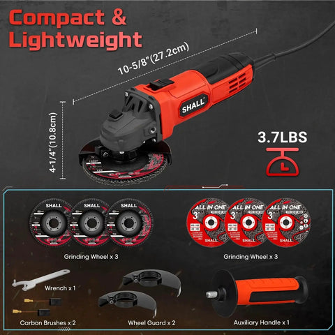 Beast Mode Four And A Half Inch Angle Grinder With Eleven Thousand RPM And Four Amp Motor Includes Two Guards Three Cutting Discs Three Grinding Wheels Non Slip Handle Wrench Carbon Brush For Metal And Wood Shall.